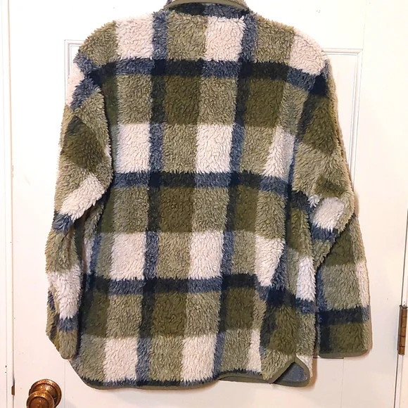Madewell Olive Plaid Sherpa Popover Tunic Fleece Jacket, Size S - Picture 5 of 10